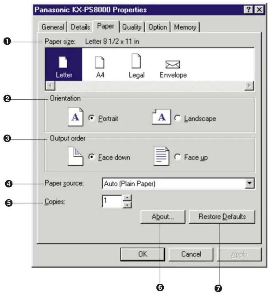 Panasonic KX-PS8000 Properties General Details Paper Quality Option Memory Paper size: Letter 8 1/2 x 11 in Letter A4 Legal Envelope Orientation A Portrait A Landscape Output order Face down Face up Paper source: Auto (Plain Paper) Copies: 1 About... Restore Defaults OK Cancel Apply