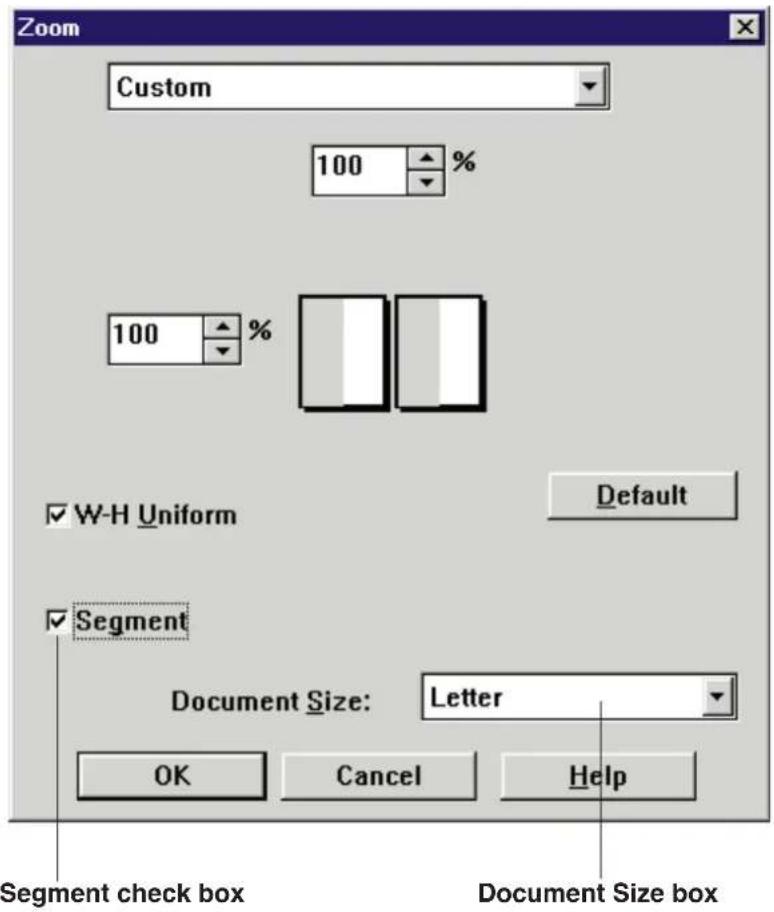 Zoom Custom 100 % 100 % W-H Uniform Default Segment Document Size: Letter OK Cancel Help Segment check box Document Size box