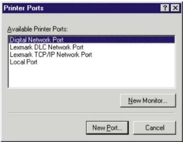 Printer Ports Available Printer Ports: Digital Network Port Lexmark DLC Network Port Lexmark TCP/IP Network Port Local Port New Monitor... New Port... Cancel