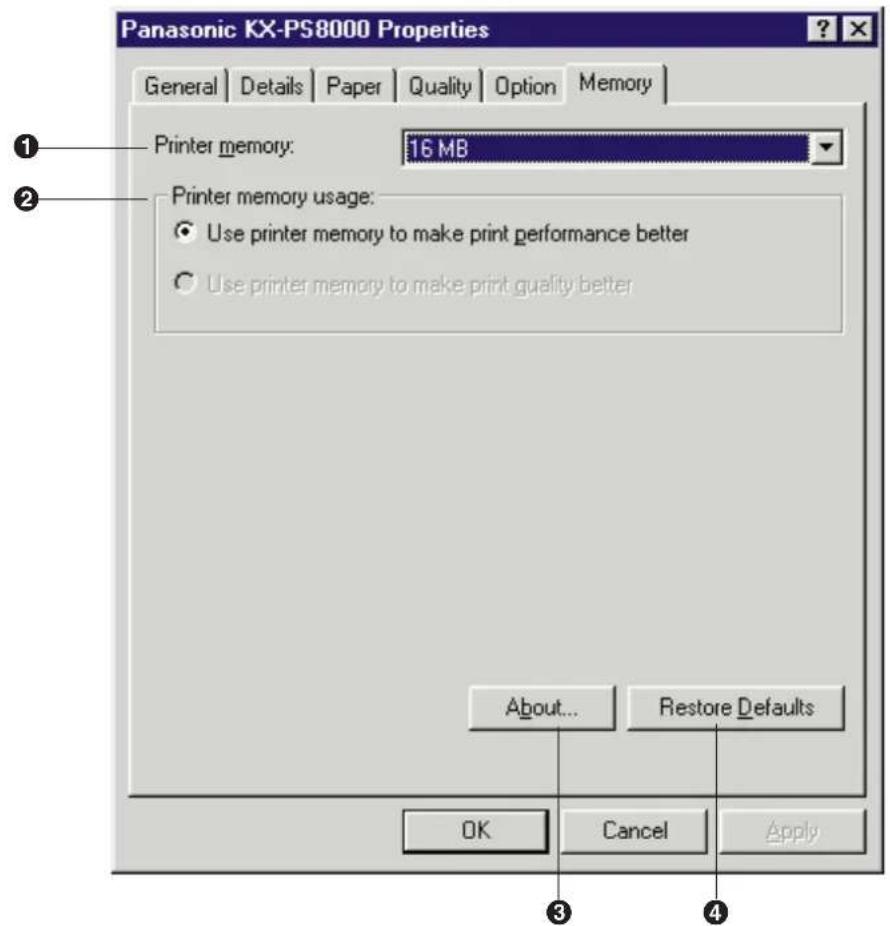 Panasonic KX-PS8000 Properties General Details Paper Quality Option Memory Printer memory: 16 MB Printer memory usage: Use printer memory to make print performance better Use printer memory to make print quality better About... Restore Defaults OK Cancel Apply