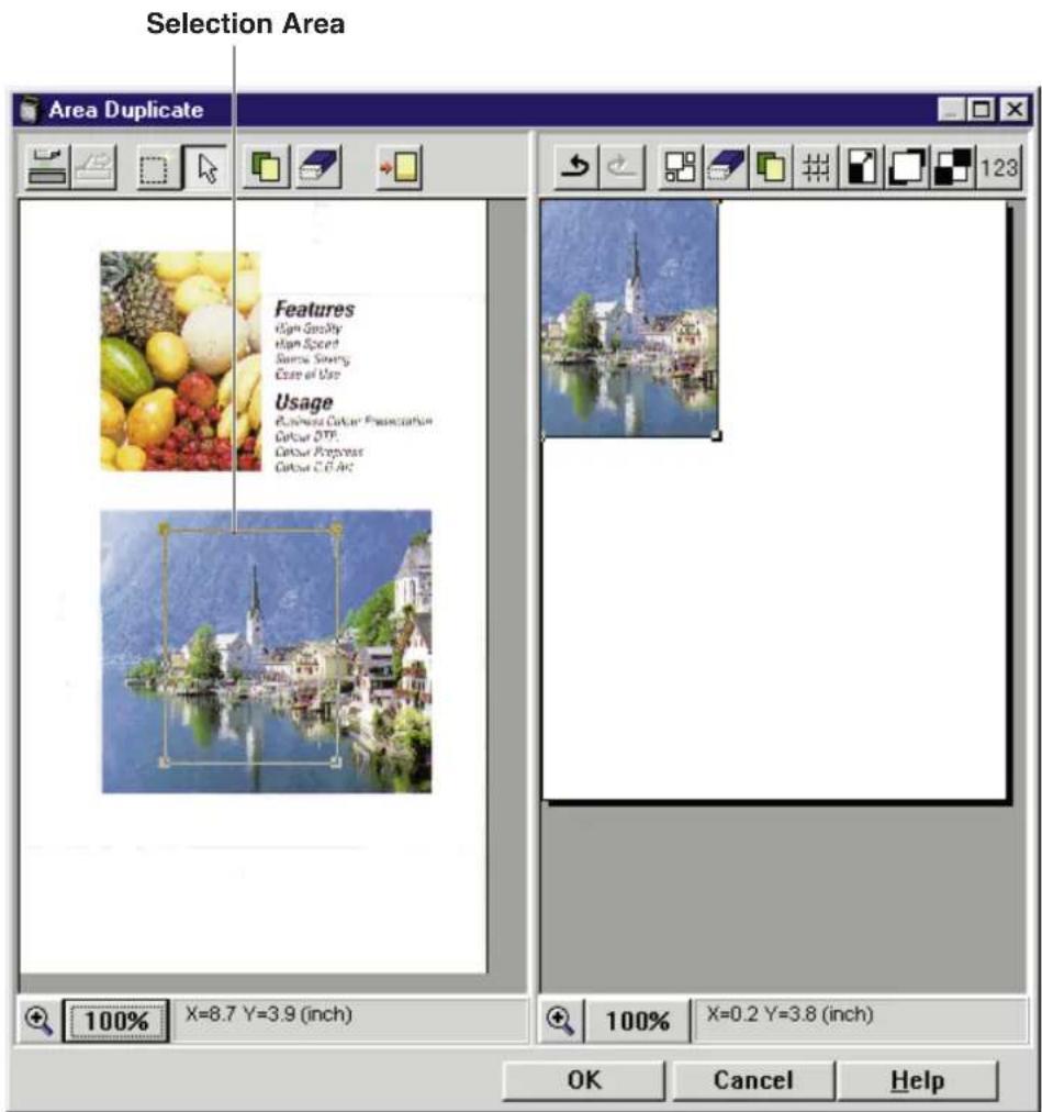 Selection Area Area Duplicate Features High Quality High Speed Some Severe Case of Use Usage Business Color Preference Colour DTP Colour Prepress Colour Color 100% X=8.7 Y=3.9 (inch) 100% X=0.2 Y=3.8 (inch) OK Cancel Help