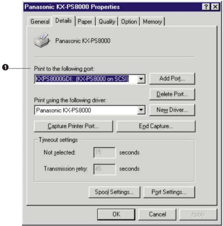 Panasonic KX-PS8000 Properties General Details Paper Quality Option Memory Panasonic KX-PS8000 Print to the following port: KXPS8000GDI: (KX-PS8000 on SCSI) Add Port... Print using the following driver: Panasonic KX-PS8000 New Driver... Capture Printer Port... End Capture... Timeout settings Not selected: 15 seconds Transmission retry: 45 seconds Spool Settings... Port Settings... OK Cancel Apply