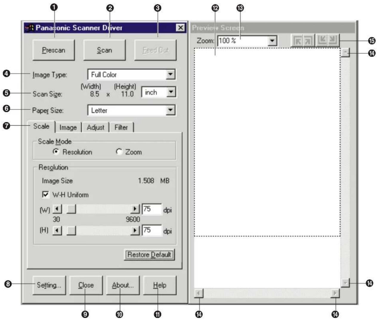 Panasonic Scanner Driver Prescan Scan Feed Out Image Type: Full Color [Width] (Height) inch Scan Size: 8.5 x 11.0 Paper Size: Letter Scale Image Adjust Filter Scale Mode Resolution Zoom Resolution Image Size 1.508 MB W-H Uniform (W) 75 dpi 30 9600 (H) 75 dpi Restore Default Setting... Close About... Help Preview Screen Zoom: 100 %