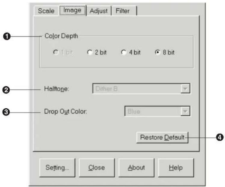 Scale Image Adjust Filter Color Depth 1 bit 2 bit 4 bit 8 bit Halftone: Dither B Drop Out Color: Blue Restore Default Setting... Close About Help
