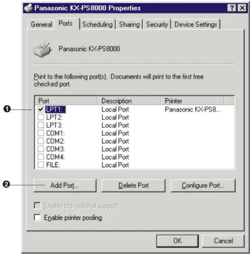 Panasonic KX-PS8000 Properties General Ports Scheduling Sharing Security Device Settings Panasonic KX-PS8000 Print to the following port(s). Documents will print to the first free checked port. Port Description Printer LPT1: Local Port Panasonic KX-PS8... LPT2: Local Port LPT3: Local Port COM1: Local Port COM2: Local Port COM3: Local Port COM4: Local Port FILE: Local Port Add Port... Delete Port Configure Port... Enable bidirectional support Enable printer pooling OK Cancel