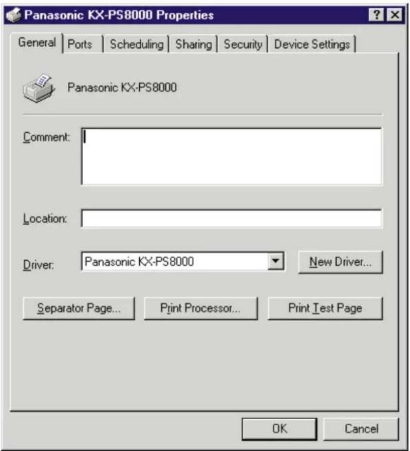 Panasonic KX-PS8000 Properties General | Ports | Scheduling | Sharing | Security | Device Settings | Panasonic KX-PS8000 Comment: Location: Driver: Panasonic KX-PS8000 New Driver... Separator Page... Print Processor... Print Test Page OK Cancel