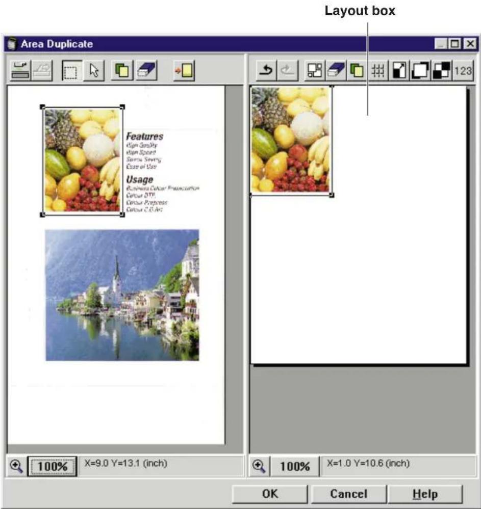 Layout box Area Duplicate Features Gap Quality Rapid Speed Sunny Sunny Ease of Use Usage Business Color Specification Colour DTF Colour Prepress Colour C:5 Arc 100% X=9.0 Y=13.1 (inch) 100% X=1.0 Y=10.6 (inch) OK Cancel Help