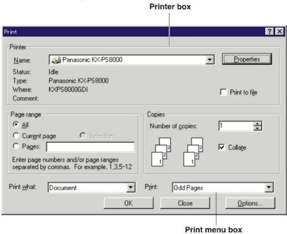 Printer box Print Printer Name: Panasonic KX-PS8000 Status: Idle Type: Panasonic KX-PS8000 Where: KXPS8000GDI Comment: Properties Print to file Page range All Current page Selection Pages: Enter page numbers and/or page ranges separated by commas. For example, 1,3,5-12 Copies Number of copies: 1 Collate Print what: Document Print: Odd Pages OK Close Options... Print menu box