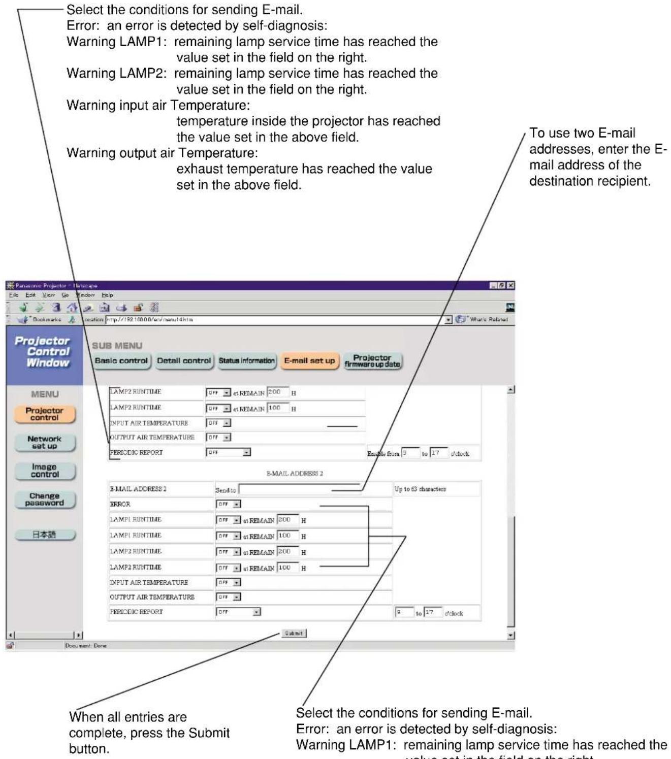 PANASONIC PT-D7600U - E-mail setting page (continuing) - 1