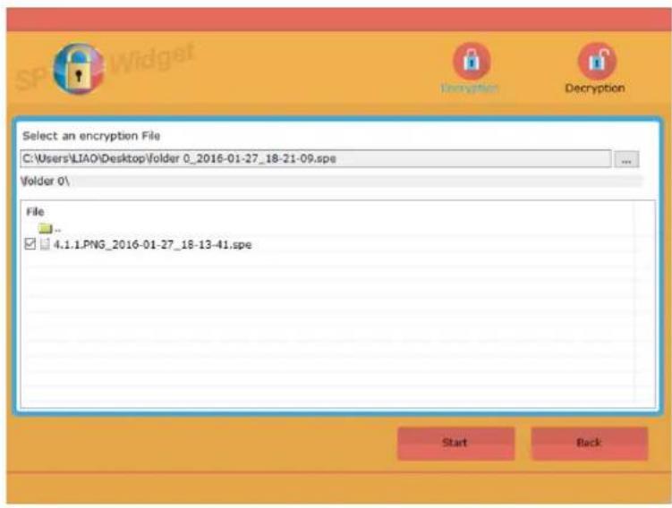 Select an encryption File C:\Users\LIAO\Desktop\folder 0_2016-01-27_18-21-09.spe Folder 0\ File 4.1.1.PNG_2016-01-27_18-13-41.spe Start Back