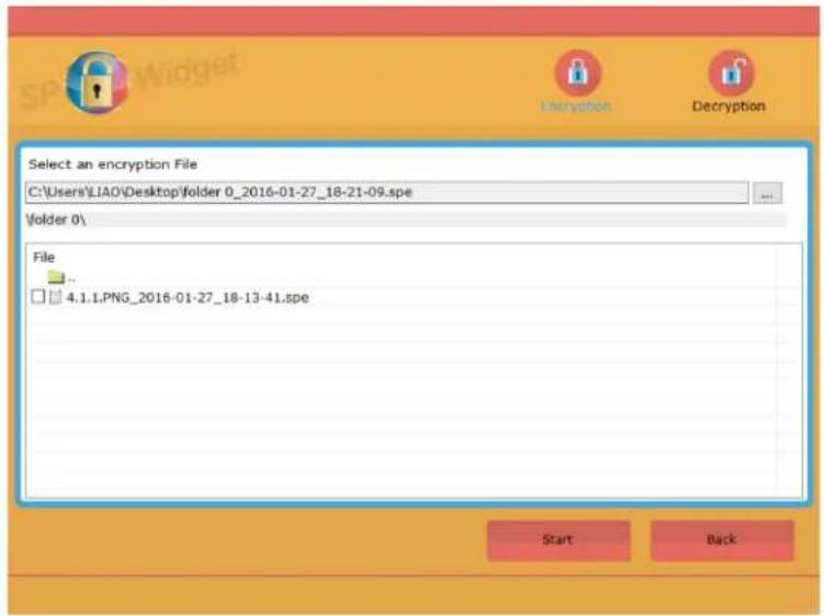 Select an encryption File C:\Users\LIAO\Desktop\folder 0_2016-01-27_18-21-09.spe \folder 0\ File 4.1.1.PNG_2016-01-27_18-13-41.spe Start Back