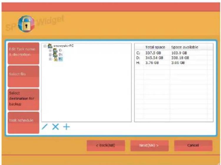Edit Task name & description snowyuki-PC C: 337.5 GB 103.9 GB D: 345.54 GB 338.18 GB H: 3.76 GB 3.06 GB Total space Space available C: 337.5 GB 103.9 GB D: 345.54 GB 338.18 GB H: 3.76 GB 3.06 GB Select file Select destination for backup Task schedule / × + < Back(8B) Next(8N) > Cancel
