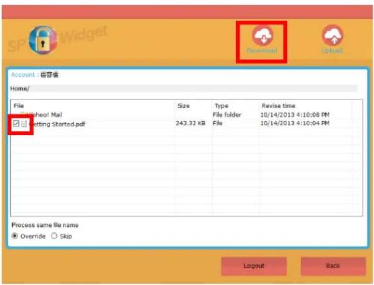 Account : 福部猫 Home/ File Size Type Revise time School Mail File folder 10/14/2013 4:10:08 PM Setting Started.pdf 243.32 KB File 10/14/2013 4:10:04 PM Process same file name Override Skip Logout Back