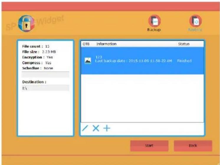 File count : 15 File size : 2.23 MB Encryption : Yes Compress : Yes Schedule : None Destination : EA OTB Information Status 123 Last backup date : 2015-11-09 11:38:22 AM Finished / X + Start Back