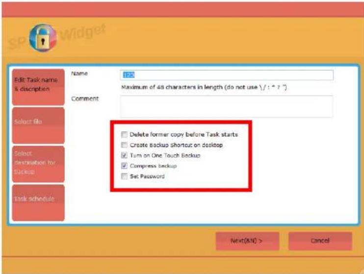 Edit Task name is disconnection Name 128 Maximum of 48 characters in length (do not use \/ : * ? *) Comment Select file Select destination for Backup Task schedule Delete former copy before Task starts Create Backup shortcut on desktop Tam on One Touch Backup Compress backup Set Password Next(810) > Cancel