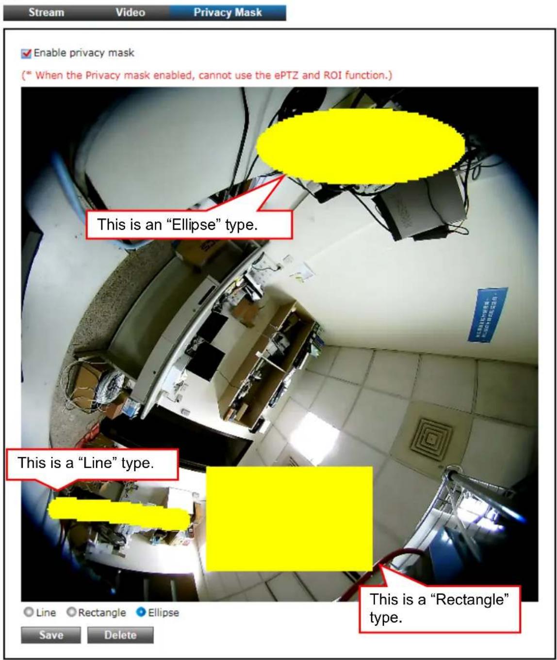 Stream Video Privacy Mask Enable privacy mask (* When the Privacy mask enabled, cannot use the ePTZ and ROI function.) This is an "Ellipse" type. This is a "Line" type. This is a "Rectangle" type. Save Delete