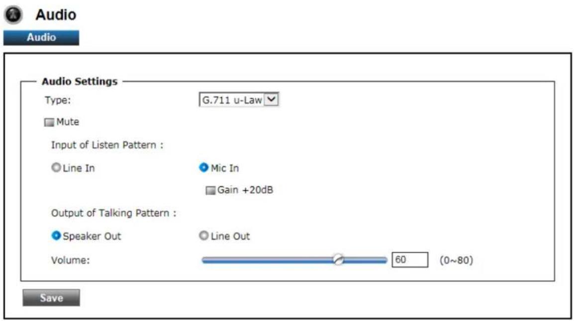 Audio Audio Audio Settings Type: G.711 u-Law Mute Input of Listen Pattern : Line In Mic In Gain +20dB Output of Talking Pattern : Speaker Out Line Out Volume: 60 (0~80) Save