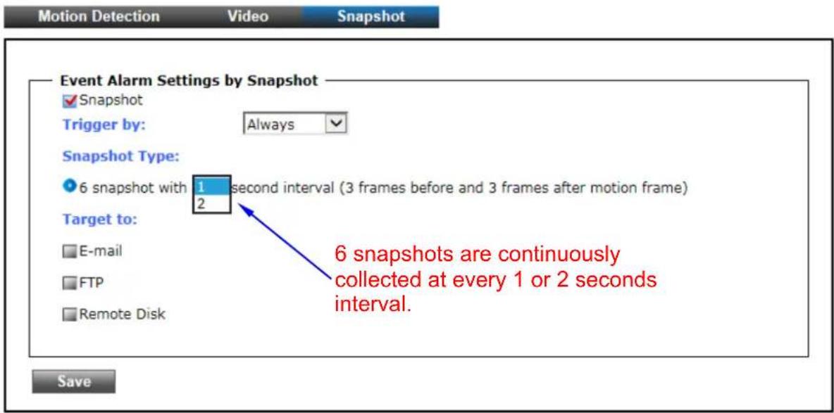 Motion Detection Video Snapshot Event Alarm Settings by Snapshot ✓ Snapshot Trigger by: Always ✓ Snapshot Type: ● 6 snapshot with 1 second interval (3 frames before and 3 frames after motion frame) 2 Target to: □ E-mail □ FTP □ Remote Disk 6 snapshots are continuously collected at every 1 or 2 seconds interval. Save