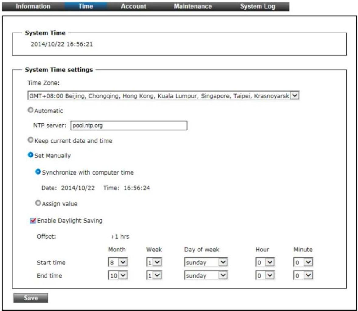 Information Time Account Maintenance System Log System Time 2014/10/22 16:56:21 System Time settings Time Zone: GMT+08:00 Beijing, Chongqing, Hong Kong, Kuala Lumpur, Singapore, Taipei, Krasnoyarsk Automatic NTP server: pool.ntp.org Keep current date and time Set Manually Synchronize with computer time Date: 2014/10/22 Time: 16:56:24 Assign value Enable Daylight Saving Offset: +1 hrs Month Week Day of week Hour Minute Start time 8 1 sunday 0 0 End time 10 1 sunday 0 0 Save