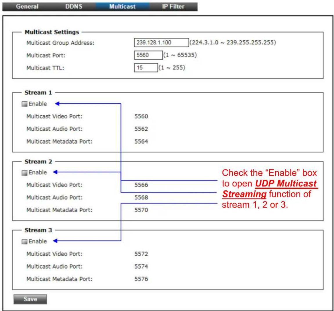 General DDNS Multicast IP Filter Multicast Settings Multicast Group Address: 239.128.1.100 (224.3.1.0 ~ 239.255.255.255) Multicast Port: 5560 (1 ~ 65535) Multicast TTL: 15 (1 ~ 255) Stream 1 Enable Multicast Video Port: 5560 Multicast Audio Port: 5562 Multicast Metadata Port: 5564 Stream 2 Enable Multicast Video Port: 5566 Multicast Audio Port: 5568 Multicast Metadata Port: 5570 Stream 3 Enable Multicast Video Port: 5572 Multicast Audio Port: 5574 Multicast Metadata Port: 5576 Check the "Enable" box to open UDP Multicast Streaming function of stream 1, 2 or 3. Save