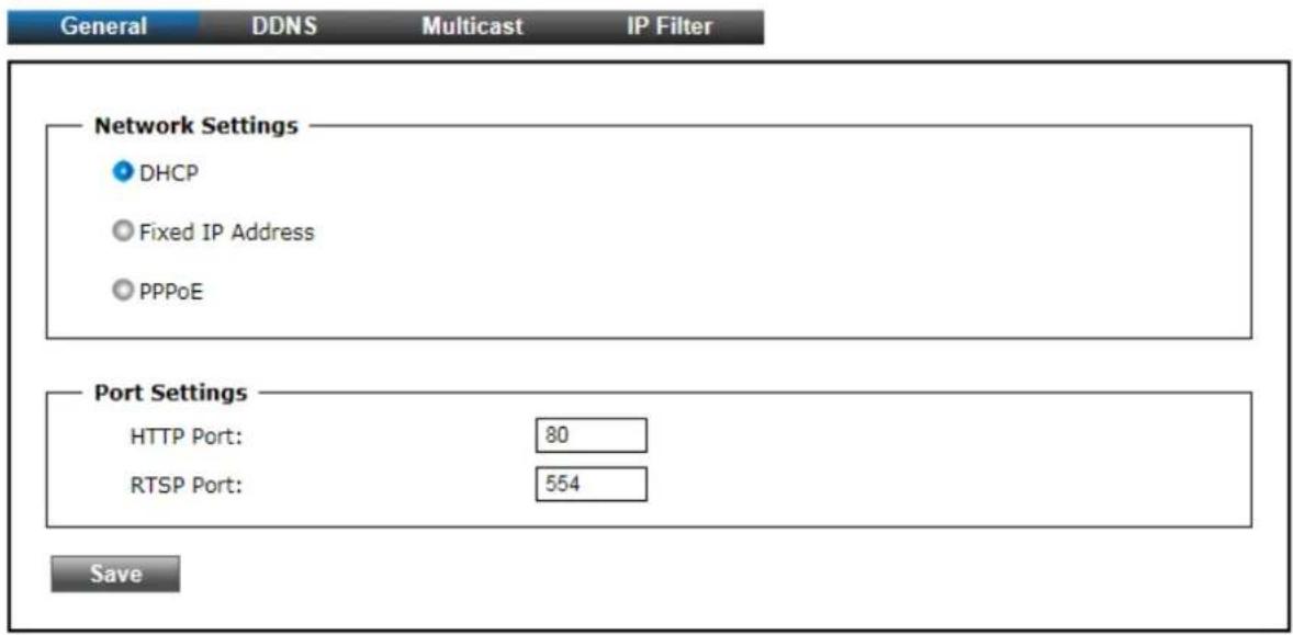 General DDNS Multicast IP Filter Network Settings ● DHCP ○ Fixed IP Address ○ PPPoE Port Settings HTTP Port: 80 RTSP Port: 554 Save
