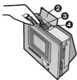 Diagram of a computer monitor with labeled parts, showing hand operating the screen and pointing to a device.