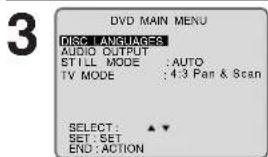 DVD MAIN MENU DISC | LANGUAGES AUDIO OUTPUT STILL MODE : AUTO TV MODE : 4:3 Pan & Scan SELECT: ▲▼ SET: SET END: ACTION