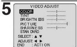 5 VIDEO ADJUST COLOR TINT BRIGHTN ESS PICTURE SHARNESS STANDARD SELECT: ▲▼ ADJUST: ◀► END : ACTION