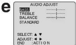 AUDIO ADJUST BASS TREBLE BALANCE STANDARD SELECT: ▲▼ ADJUST: ◀► END :ACTION
