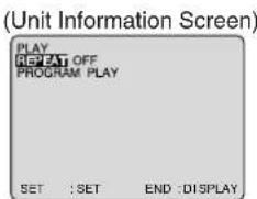 (Unit Information Screen) PLAY REPEAT OFF PROGRAM PLAY SET : SET END : DISPLAY