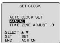 SET CLOCK AUTO CLOCK SET MANUAL TIME ZONE ADJUST : 0 SELECT T:▲▼ SET : SET END : ACTION