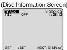 (Disc Information Screen) TRACK : 1 VIDEO CD PSC : OFF 1:35.12 SET : SET NEXT: DISPLAY