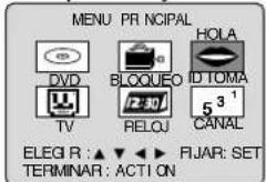 MENU PR NCIPAL DVD BLOQUEO HOLA TV RELOU ID TOMA 5 3 1 CANAL ELEG R :▲▼◀◀ FIJAR: SET TERMINAR: ACTION