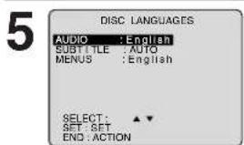 5 AUDIO : English SUBTITLE : AUTO MENUS : English SELECT : SET : SET END : ACTION