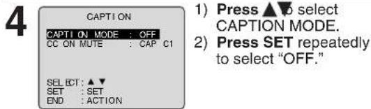 CAPTION CAPTION MODE : OFF CC ON MUTE : CAP C1 SELECT: ▲▼ SET : SET END : ACTION 1) Press ▲▼ to select CAPTION MODE. 2) Press SET repeatedly to select "OFF."