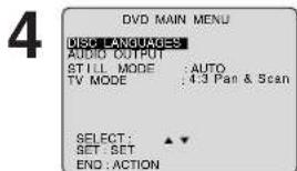DVD MAIN MENU DISC LANGUARES AUDIO OUTPUT STILL MODE : AUTO TV MODE : 4.3 Pan & Scan SELECT: SET: SET END: ACTION