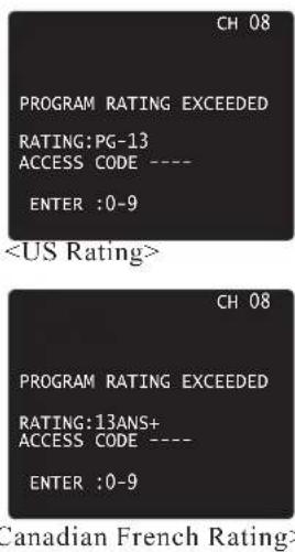 CH 08 PROGRAM RATING EXCEEDED RATING:PG-13 ACCESS CODE ---- ENTER :0-9 CH 08 PROGRAM RATING EXCEEDED RATING:13ANS+ ACCESS CODE ---- ENTER :0-9 Canadian French Rating>
