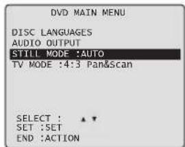 DVD MAIN MENU DISC LANGUAGES AUDIO OUTPUT STILL MODE :AUTO TV MODE :4:3 Pan&scan SELECT : ★★ SET :SET END :ACTION