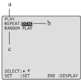 a PLAY REPEAT:DISC——b RANDOM PLAY c SELECT:▲▼ SET :SET END :DISPLAY