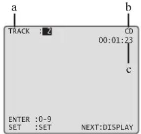 a TRACK : 2 CD 00:01:23 c ENTER :0-9 SET :SET NEXT:DISPLAY