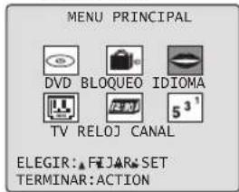 MENU PRINCIPAL DVD BLOQUEO IDIOMA TV RELOJ CANAL ELEGIR: FLJAR SET TERMINAR: ACTION