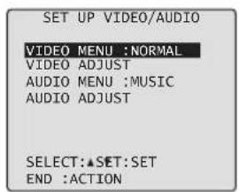 SET UP VIDEO/AUDIO VIDEO MENU : NORMAL VIDEO ADJUST AUDIO MENU : MUSIC AUDIO ADJUST SELECT:▲SET:SET END :ACTION