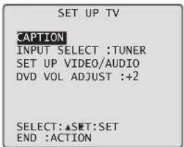 SET UP TV CAPTION INPUT SELECT :TUNER SET UP VIDEO/AUDIO DVD VOL ADJUST :+2 SELECT:▲SET:SET END :ACTION