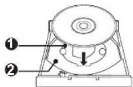 Diagram of a mechanical device with labeled parts, showing a disc and base structure with arrows indicating direction.