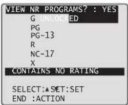 VIEW NR PROGRAMS? : YES G UNLOCRED PG PG-13 R NC-17 X CONTAINS NO RATING SELECT:▲SET:SET END :ACTION