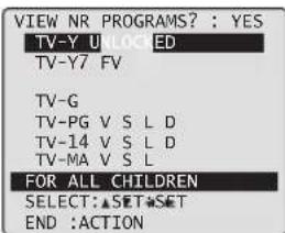 VIEW NR PROGRAMS? : YES TV-Y U L O C I E D TV-Y7 FV TV-G TV-PG V S L D TV-14 V S L D TV-MA V S L FOR ALL CHILDREN SELECT:▲SET★SET END :ACTION