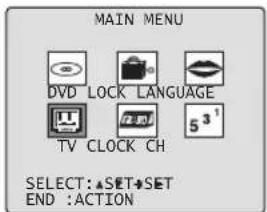 MAIN MENU DVD LOCK LANGUAGE TV CLOCK CH 5³¹ SELECT:▲SET+SET END :ACTION