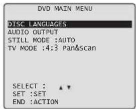 DVD MAIN MENU DISC LANGUAGES AUDIO OUTPUT STILL MODE :AUTO TV MODE :4:3 Pan&Scan SELECT : ▲▼ SET :SET END :ACTION