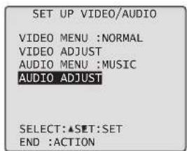SET UP VIDEO/AUDIO VIDEO MENU :NORMAL VIDEO ADJUST AUDIO MENU :MUSIC AUDIO ADJUST SELECT:▲SET:SET END :ACTION