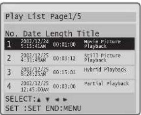Play List Page1/5 No. Date Length Title 1 2002/12/24 00:01:00 Movie Picture 6:15:0AM Playback 2 2002/12/25 00:03:12 Still Picture 4:31:0AM Playback 3 2002/12/25 00:11:01 Hybrid Playback 8:29:23:00 00:03:00 Partial playback 4 2002/12/25 00:03:00 12:45:00W SELECT:▲▼▼ SET :SET END:MENU
